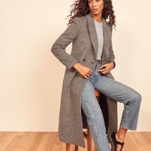 Reformation York Coat check plaid maxi long black white wool blend tailored look